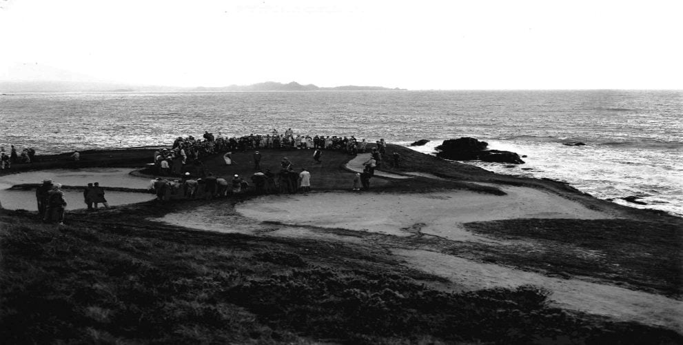The gallery crowds the seventh green during the 1952 Bing Crosby National Pro-Am.