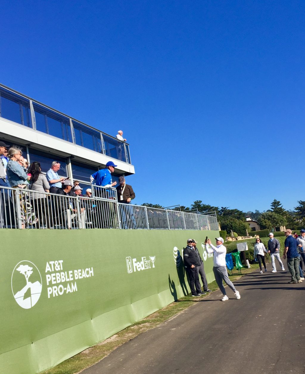 A ball in the Palmer's Club 18 grandstands at the 2020 AT&T Pebble Beach Pro-Am