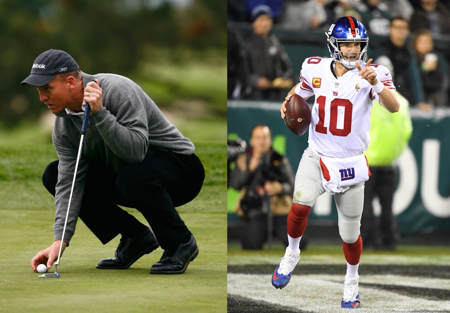 Peyton Manning setting up a golf ball and Eli Manning running holding a football