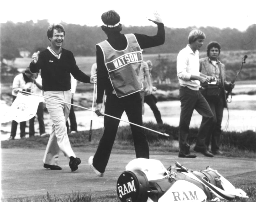 Tom Watson celebrates chip at 1982 U.S. Open