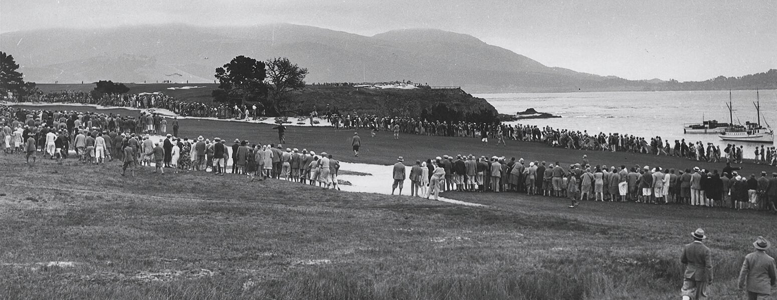 Black and white image of past amateur tournament at Pebble Beach