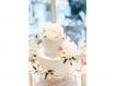 Two-tiered wedding cake with white flowers