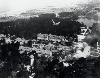 main building of Hotel Del Monte burning