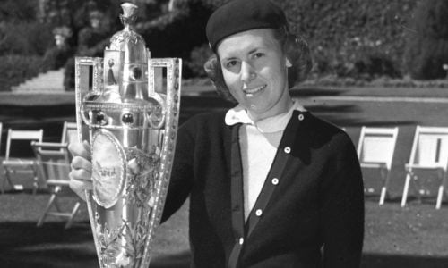 Betty Jameson in 1940 holding the US Women's Amateur Trophy
