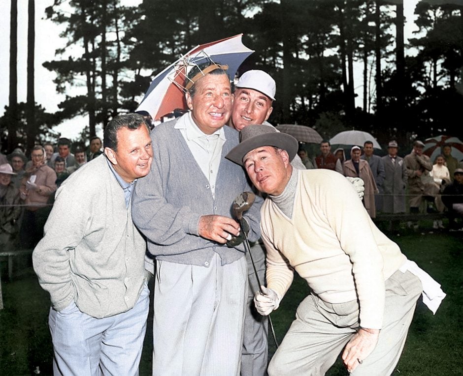 Phil Harris wearing an umbrella hat at the 1954 AT&T Pebble Beach Pro-Am