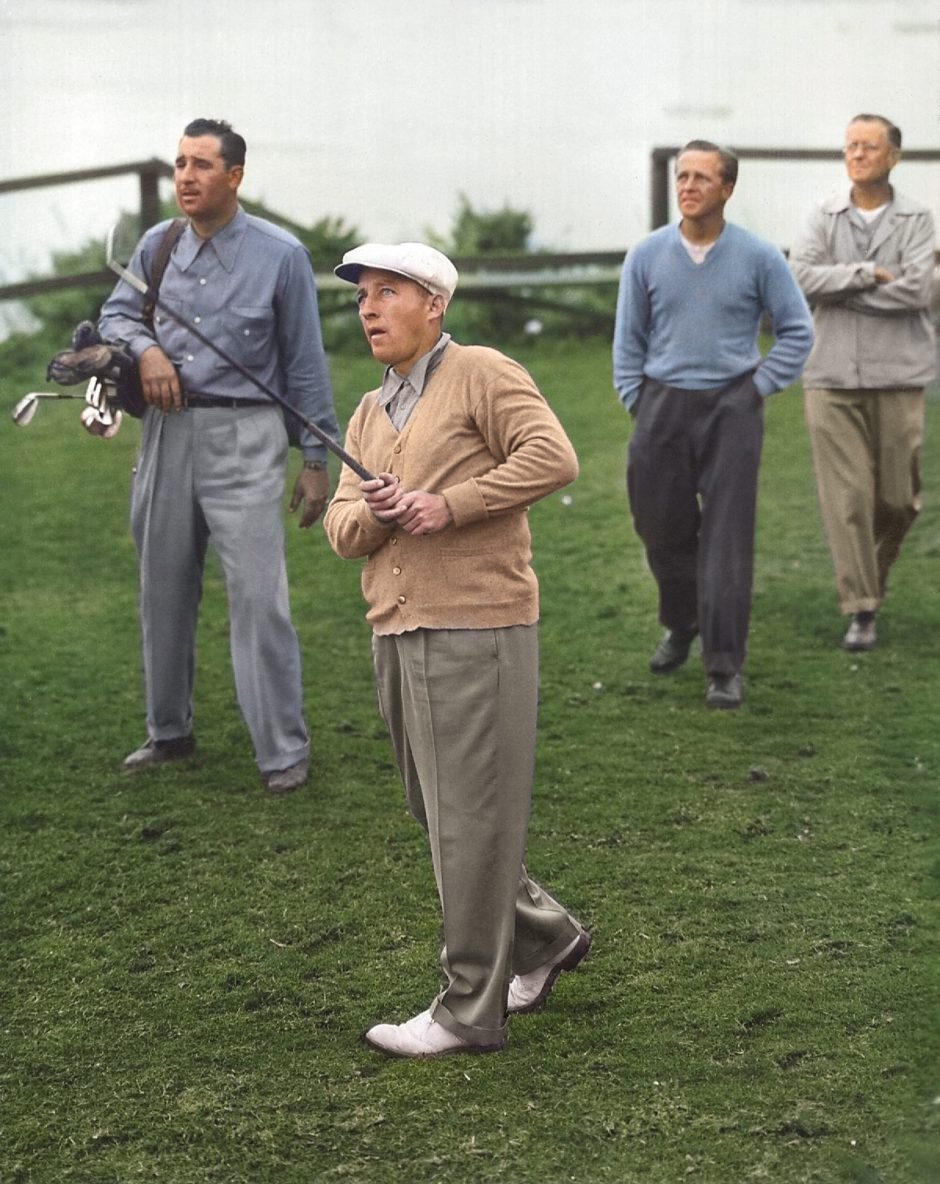 Bing Crosby tees off on the 7th tee of Pebble Beach Golf Links in 1946.