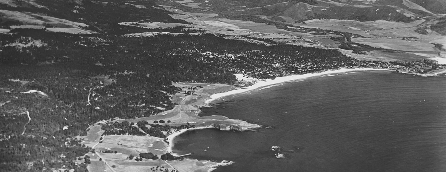 black and white aerial view of pebble beach golf course