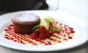 Choclate cake, raspberries and ice cream