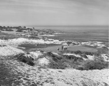 black and white photo of pebble beach